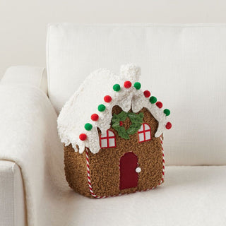 Cozy Gingerbread House Pillow with Candy Cane Pom-Pom Gumdrops and Holiday Accents