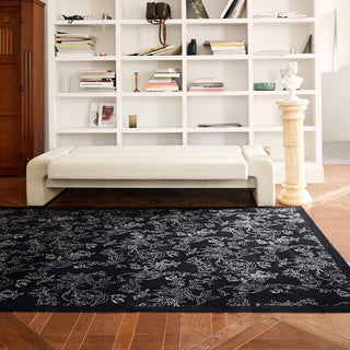 Easy Clean Rug Charcoal Floral-Patterned Spillproof Pet-Friendly Living Room Large Area Rug