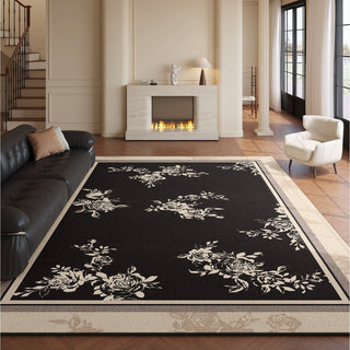 Easy Clean Rug Luxe Black Floral Accent Spillproof Boho Pet-Friendly Living Room Large Area Rug