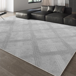 Easy Clean Rug Subtle Plaid Gray Spillproof Pet-Friendly Minimalist Living Room Area Rug