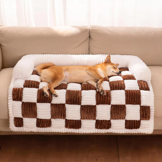 Cream Square Plaid Cozy Dog Mat Furniture Protector Cover