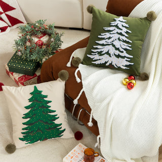 Classic Christmas Tree Throw Pillow Set Embroidered Holiday Design with Pom Pom Accents