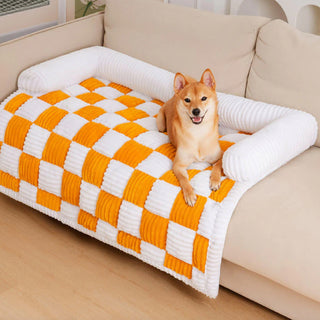 Cream Square Plaid Cozy Dog Mat Furniture Protector Cover