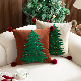 Classic Christmas Tree Throw Pillow Set Embroidered Holiday Design with Pom Pom Accents