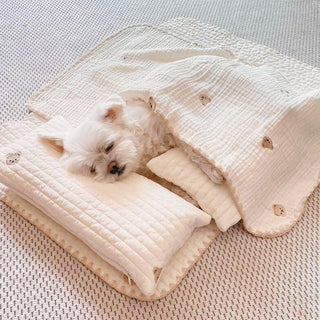 Cozy Embroidered Cotton Dog & Cat Pillow Quilt Bed Set