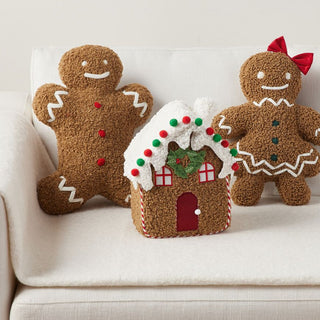 Cozy Gingerbread House Pillow with Candy Cane Pom-Pom Gumdrops and Holiday Accents