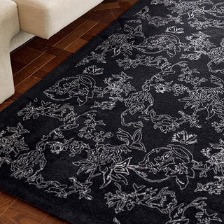 Easy Clean Rug Charcoal Floral-Patterned Spillproof Pet-Friendly Living Room Large Area Rug