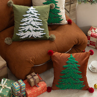 Classic Christmas Tree Throw Pillow Set Embroidered Holiday Design with Pom Pom Accents